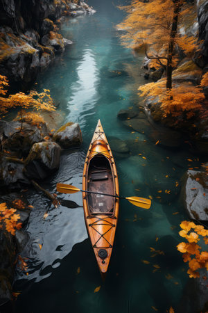Kayak on the river and autumn leaves. AI generative. illustration in photorealistic style.の素材