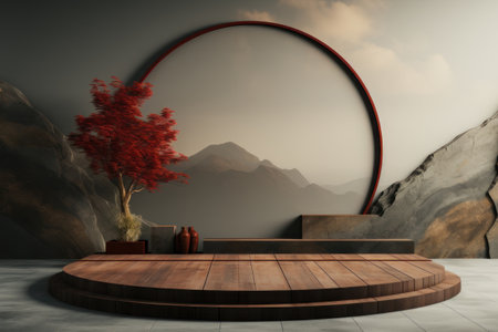 Stage podium for product advertising, wooden stage and tree. AI generative. illustration in photorealistic style.の素材