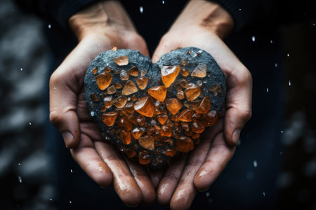 Male hands hold a heart made of stone with amber. AI generative. illustration in photorealistic style.の素材