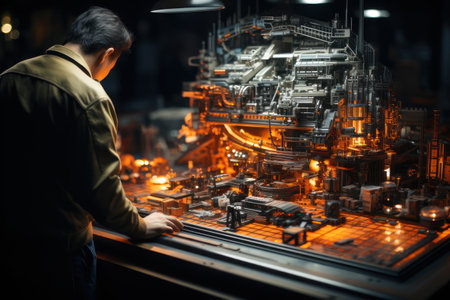 Engineer at the factory near the machine tool, technology of the future. AI generative. illustration in photorealistic style.の素材