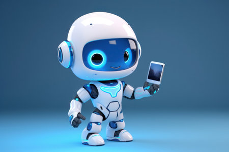 Little cute robot is holding a smartphone on a blue background. AI generative. illustration in photorealistic style.の素材
