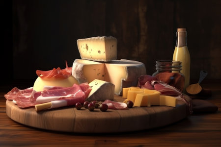 Cheeses and meat snacks. AI generative. illustration in photorealistic style.の素材