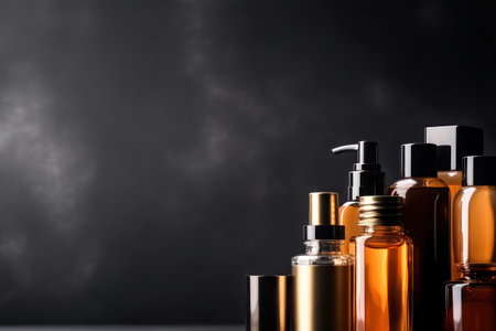 Jars for cosmetics on a black background, mockup. AI generative. illustration in photorealistic style.の素材