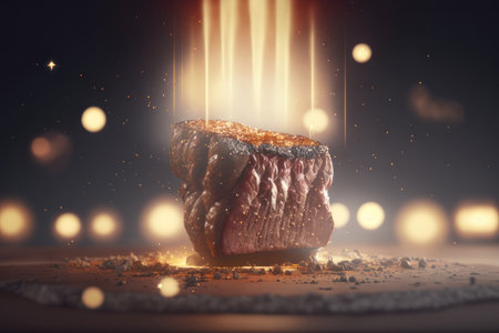 A piece of meat steak and rays of light. AI generative. illustration in photorealistic style.の素材
