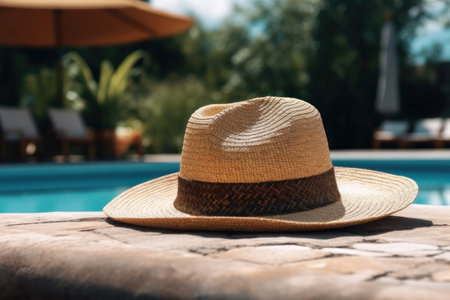Men's hat on the edge of the pool. AI generative. illustration in photorealistic style.の素材