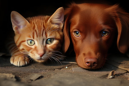 Cat and dog on the street, animal friendship. AI generative. illustration in photorealistic style.の素材