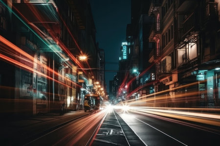 Night road in the city and moving rays of light, speed effect. AI generative. illustration in photorealistic style.の素材