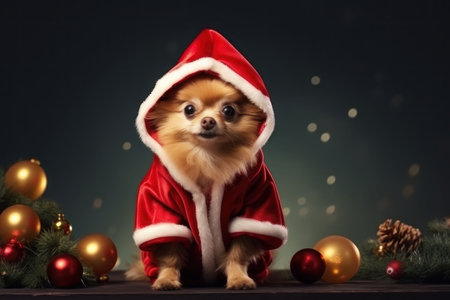 New Year card. Dog in Christmas costume. AI generative. illustration in photorealistic style.の素材