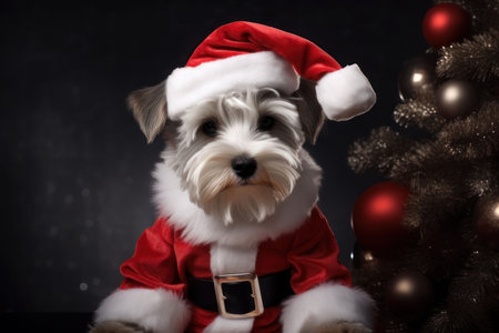 New Year card. A dog in a New Year's costume on the background of a Christmas tree. AI generative. illustration in photorealistic style.の素材