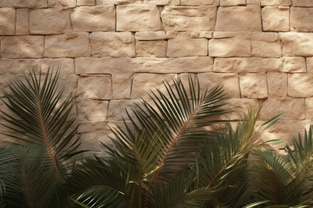 Background, palm leaves on the background of a stone wall, the rays of the sun. AI generative. illustration in photorealistic style.の素材