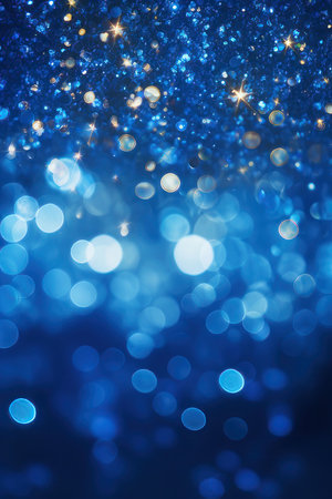 Vertical abstract blue background with bokeh and sparkles, holiday. AI generative. illustration in photorealistic style.の素材