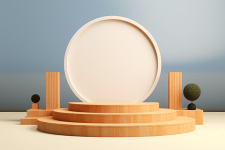Stage podium for product advertising, white wooden podium. AI generative. illustration in photorealistic style.の素材