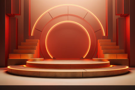 Stage podium for product advertising, red stage with steps. AI generative. illustration in photorealistic style.の素材
