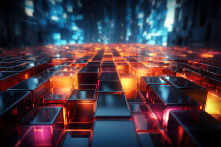 Abstract background, neon glowing colored cubes. AI generative. illustration in photorealistic style.の素材