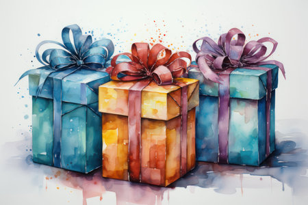 Gifts with bows on a white background, watercolor style. AI generative. Illustration in watercolor drawing style.の素材