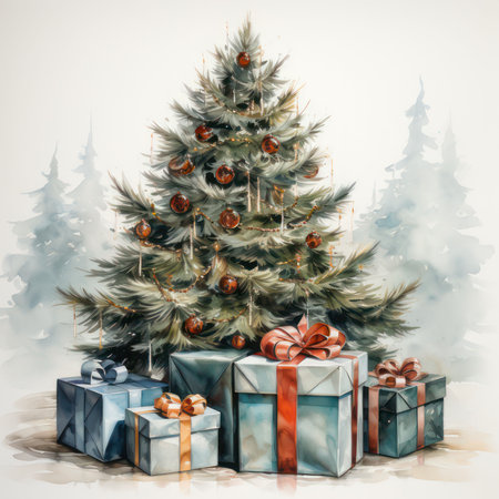 Gifts and Christmas tree, watercolor style. square illustration. AI generative. illustration in watercolor drawing style.の素材