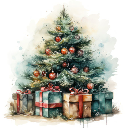Gifts and Christmas tree, watercolor style. Square New Year's card. AI generative. Illustration in watercolor drawing style.の素材