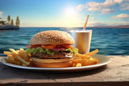 Burger in a plate and a cocktail on the background of the sea. AI generative. illustration in photorealistic style.の素材