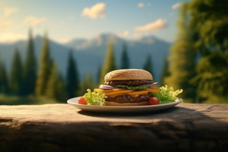 Burger in a plate on a background of mountains. AI generative. illustration in photorealistic style.の素材