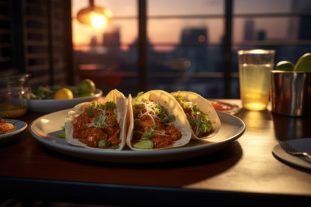 Tacos in a restaurant. AI generative. illustration in photorealistic style.の素材