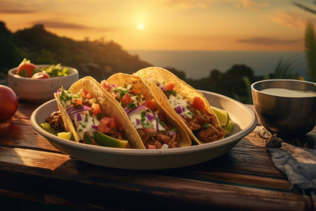 Tacos in a plate on the background of nature. AI generative. illustration in photorealistic style.の素材