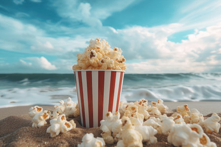 Popcorn on the beach. AI generative. illustration in photorealistic style.の素材
