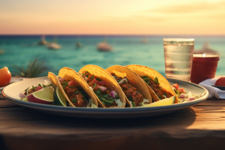 Tacos in a plate on the background of the sea. AI generative. illustration in photorealistic style.の素材