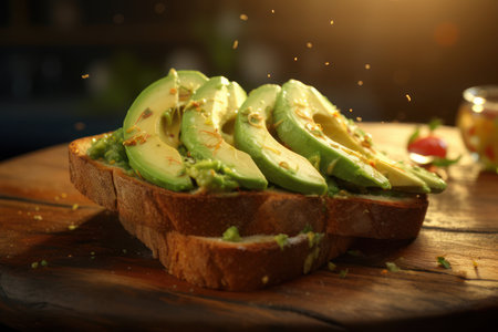 Avocado toast on a wooden table. AI generative. illustration in photorealistic style.の素材