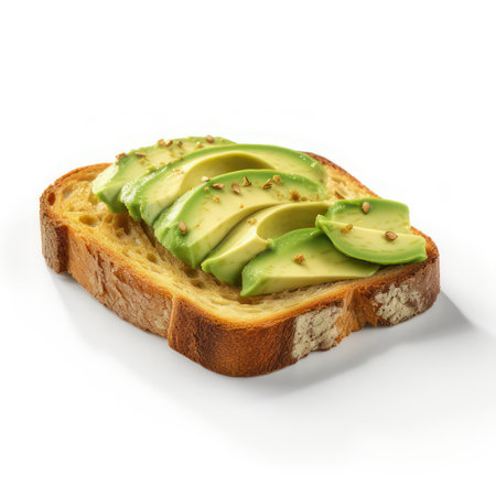 Avocado toast on a white background. AI generative. illustration in photorealistic style.の素材