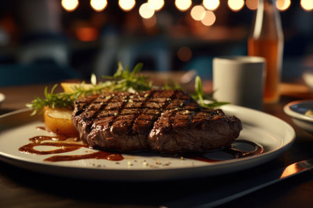 Steak in a plate on a table in a cafe. AI generative. illustration in photorealistic style.の素材