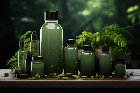 Eco friendly cosmetics in bottles mockup. AI generative. illustration in photorealistic style.の素材