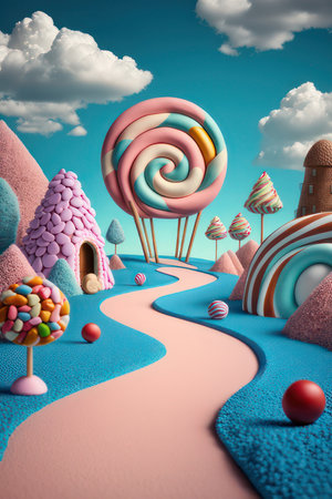 Candyland, magical land of childhood, vertical illustration. AI generative. illustration in photorealistic style.の素材