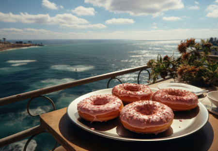 Donuts in a plate on the background of the sea. AI generative. illustration in photorealistic style.の素材