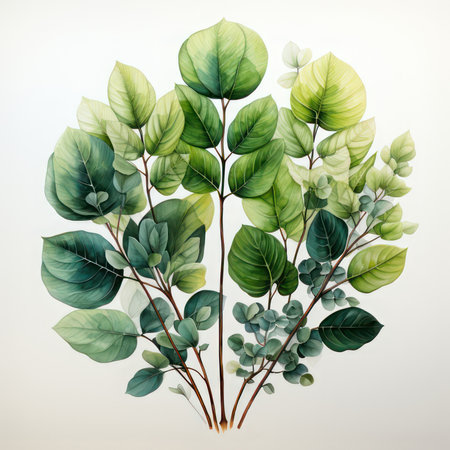 Watercolor leaves green isolated on white background. AI generative. illustration in watercolor drawing style.の素材