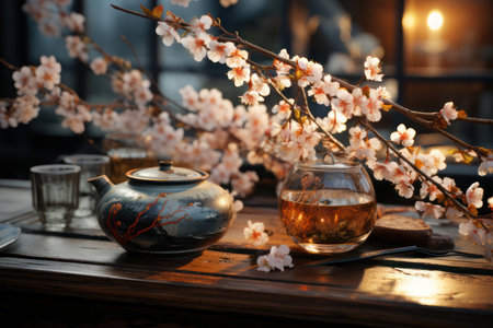 tea ceremony. Asian teapot and cups. AI generative. illustration in photorealistic style.の素材