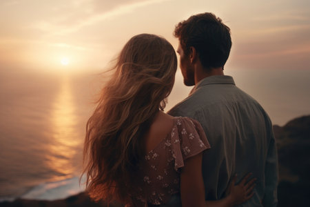 A couple of lovers on the seashore. AI generative. illustration in photorealistic style.の素材