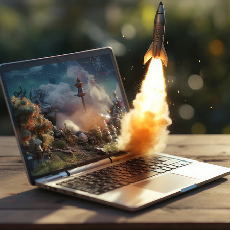 Rocket takes off from laptop, startup business concept, square illustration. AI generative. illustration in photorealistic style.の素材