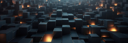 Banner. Abstract background, black glowing cubes. background for the site. AI generative. illustration in photorealistic style.の素材
