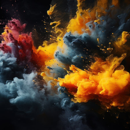 Abstract square background, splashes of colored powder paint on a black background. Background for the site. AI generative. illustration in photorealistic style.の素材