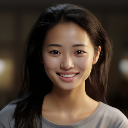 Asian beautiful woman smiling, square photo. AI generative. illustration in photorealistic style.の素材