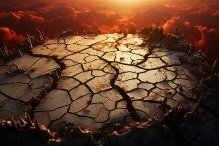 Dry earth with cracks, global warming. AI generative. illustration in photorealistic style.の素材