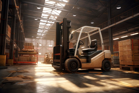 Forklift in a large warehouse with boxes. AI generative. illustration in photorealistic style.の素材
