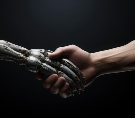 Human and robot handshake, future technologies, artificial intelligence. AI generative. illustration in photorealistic style.の素材
