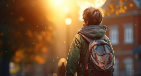 Schoolboy with a backpack goes from school. AI generative. illustration in photorealistic style.の素材