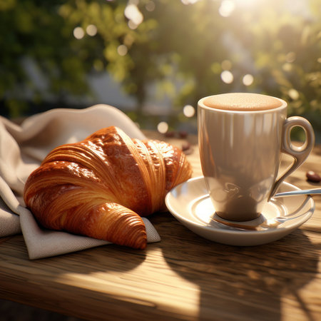 Coffee with a croissant on a wooden table in a street cafe. AI generative. illustration in photorealistic style.の素材