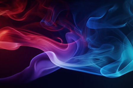 Colored smoke, blue and red, on a black background. Background for the site. AI generative. Illustration in photorealistic style.の素材