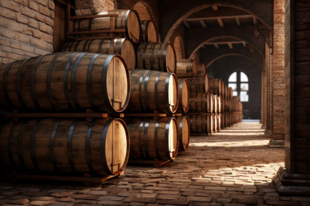 Wooden barrels, wine barrels. AI generative. Illustration in photorealistic style.の素材