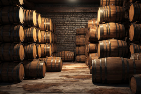 Wooden barrels in the cellar, barrels of wine. AI generative. Illustration in photorealistic style.の素材