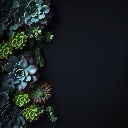 Succulents on a black background, square background with copy space. AI generative. Illustration in photorealistic style.の素材