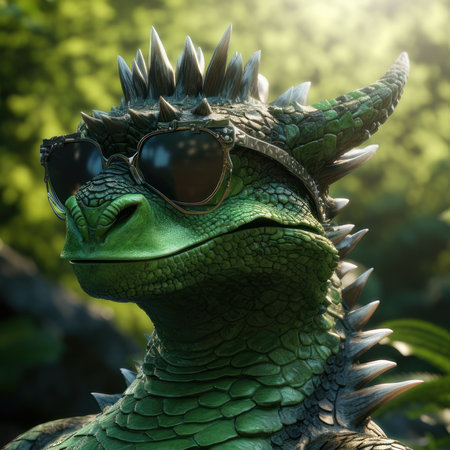 Dragon in sunglasses against a background of nature, square photo. AI generative. Illustration in photorealistic style.の素材